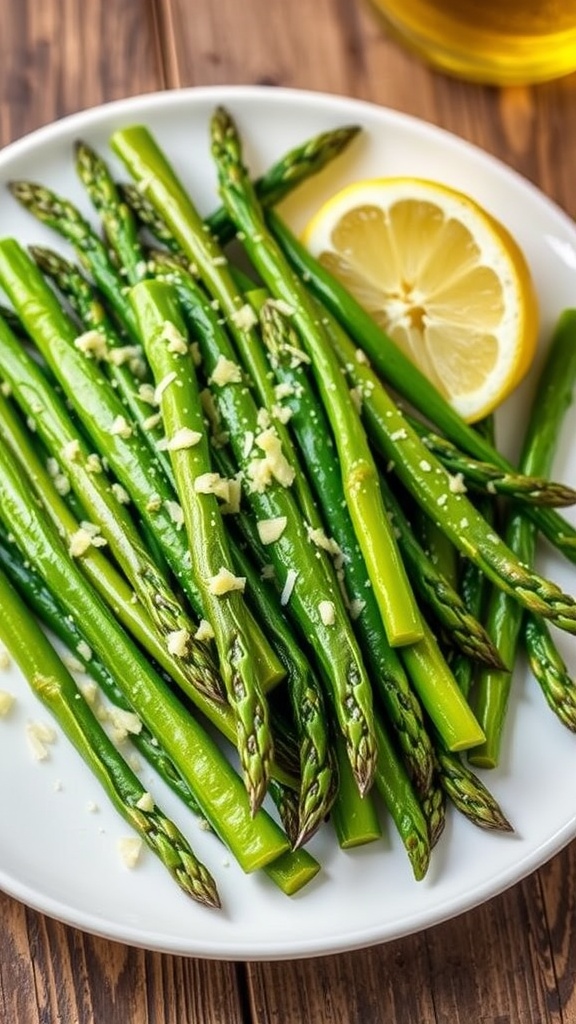 Sautéed garlic asparagus garnished with Parmesan cheese on a white plate, with a lemon wedge on the side.